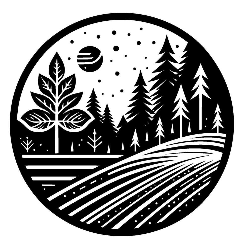 Stylized monochrome circular illustration depicting a serene winter landscape with trees, fields, a textured sunmoon, and dotted snowflakes. vector