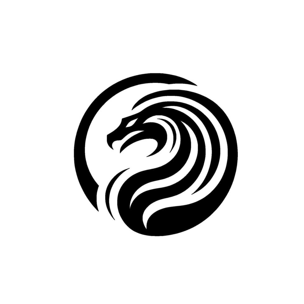 A bold, minimalist black and white featuring a stylized dragons head and flowing mane, encapsulated within a circular frame, radiating strength and power. vector