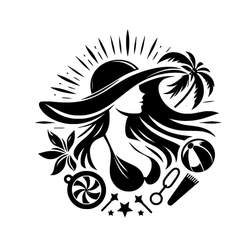 Silhouette of a woman in a widebrimmed hat, sunkissed, with beach icons palm tree, ball, and more, creating a circular summer emblem. vector