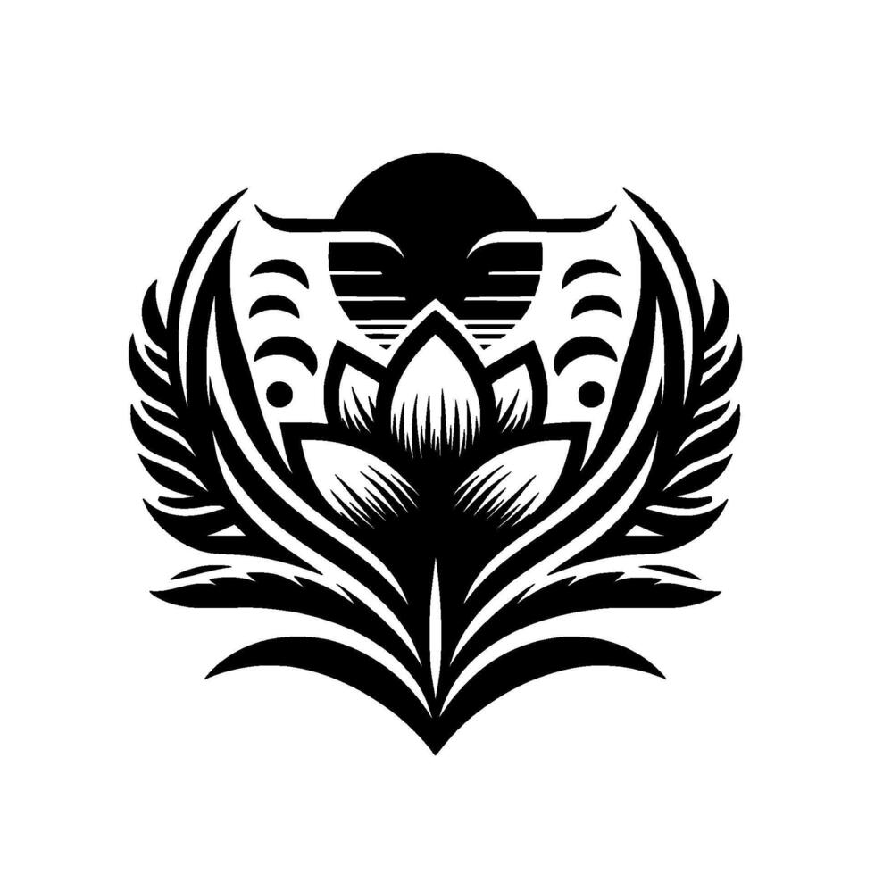 Elegant Black and White Floral Mandala with Winglike Elements, Geometric Shapes, and a Circular Sun in Negative Space. vector