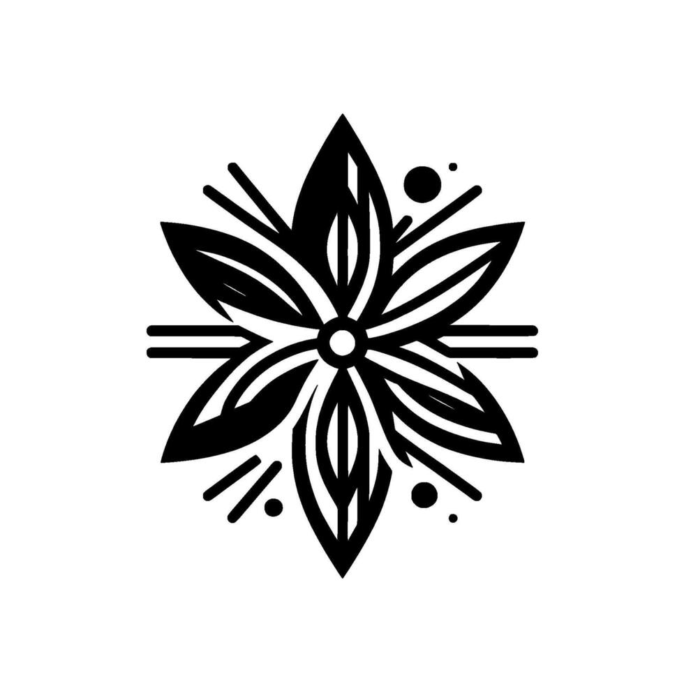 Intricate Geometric Floral in Black and White, Symmetrical Composition with Detailed Petals, Dot Accents, Modern Art. vector