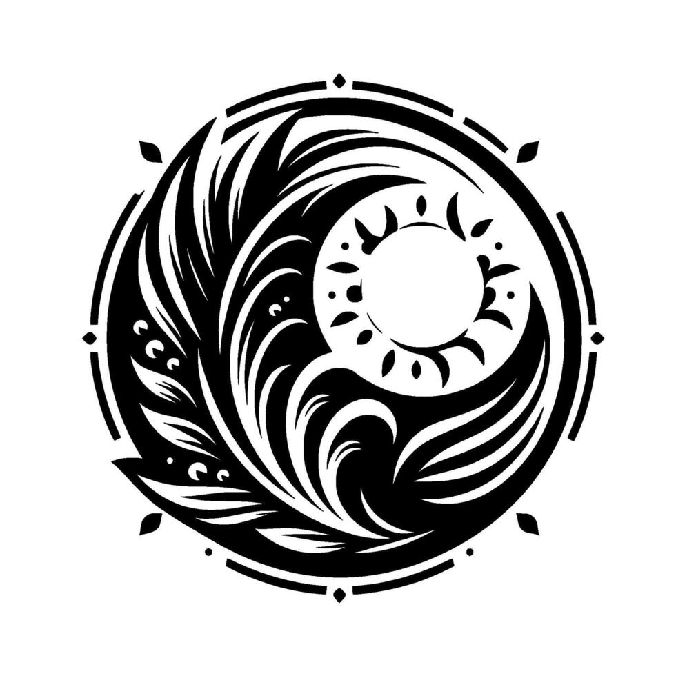 Celestial Mandala Black and white circular art, featuring a stylized sunmoon with swirling floral elements, and decorative outer border. vector