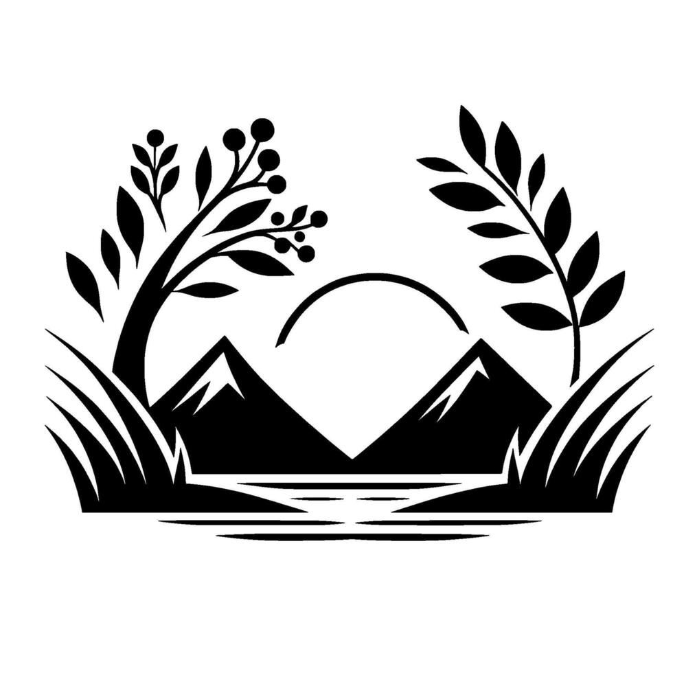 A stylized black and white emblem of nature, featuring two mountains, a serene lake, foliage, and a stylized sun or arc, framed by tall grasses. vector