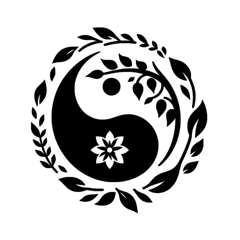 Yin Yang Harmony A Botanical Embrace featuring a floral accent within a leafadorned circle, symbolizing balance and natures unity. vector