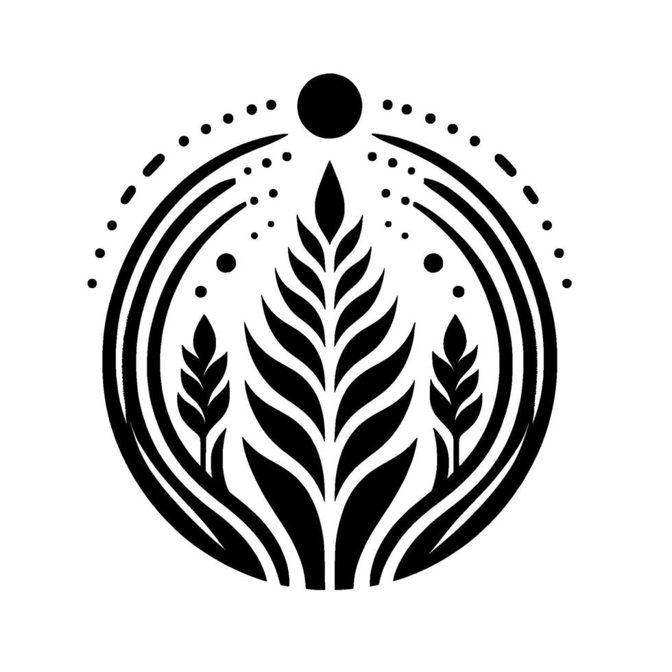 Geometric stylized black white botanical illustration inside a circular frame featuring stylized plant elements, dotted embellishments and a central black sun. vector