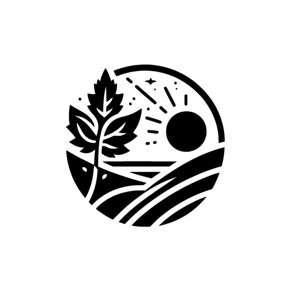 Minimalist black and white circular featuring a plant, sun, rolling hills, and starry sky, evoking nature and simplicity. vector