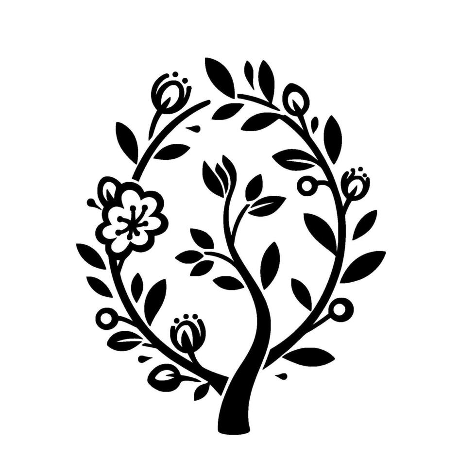 Elegant Black and White Floral Tree Illustration A stylized tree featuring circular branches adorned with leaves, flowers, and buds, set against a pristine white background, symbolizing growth and na vector