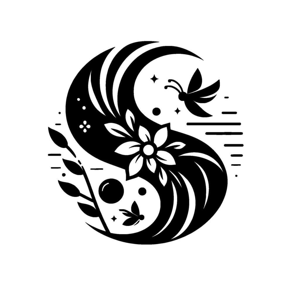 A YinYang inspired floral and fauna featuring a stylized flower, butterflies, leaves, stars, and circular shapes, all rendered in black and white. vector