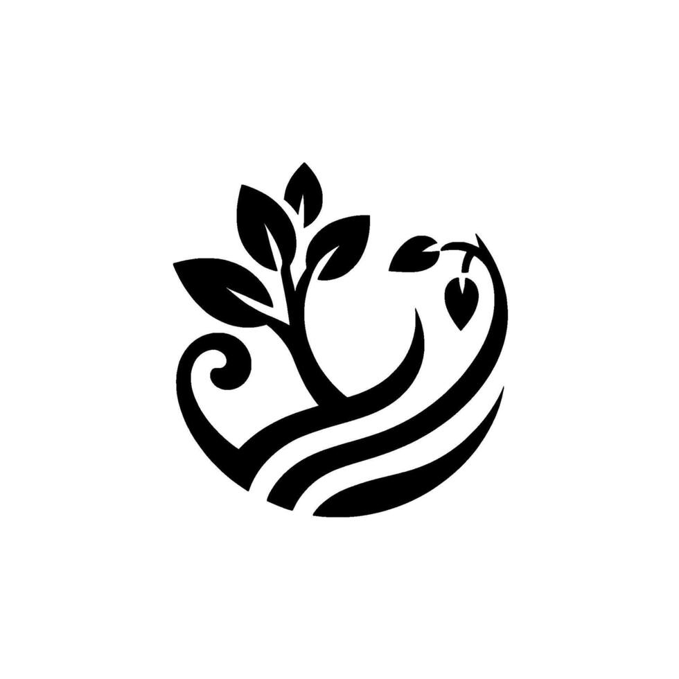 Black and white minimalist featuring a stylized tree within a circular frame composed of curved lines, evoking growth. vector