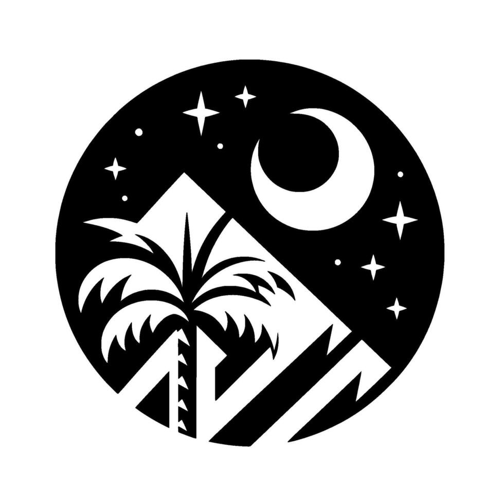 A minimalist black and white circular illustration featuring a palm tree and mountains silhouetted against a night sky with a crescent moon and stars. vector