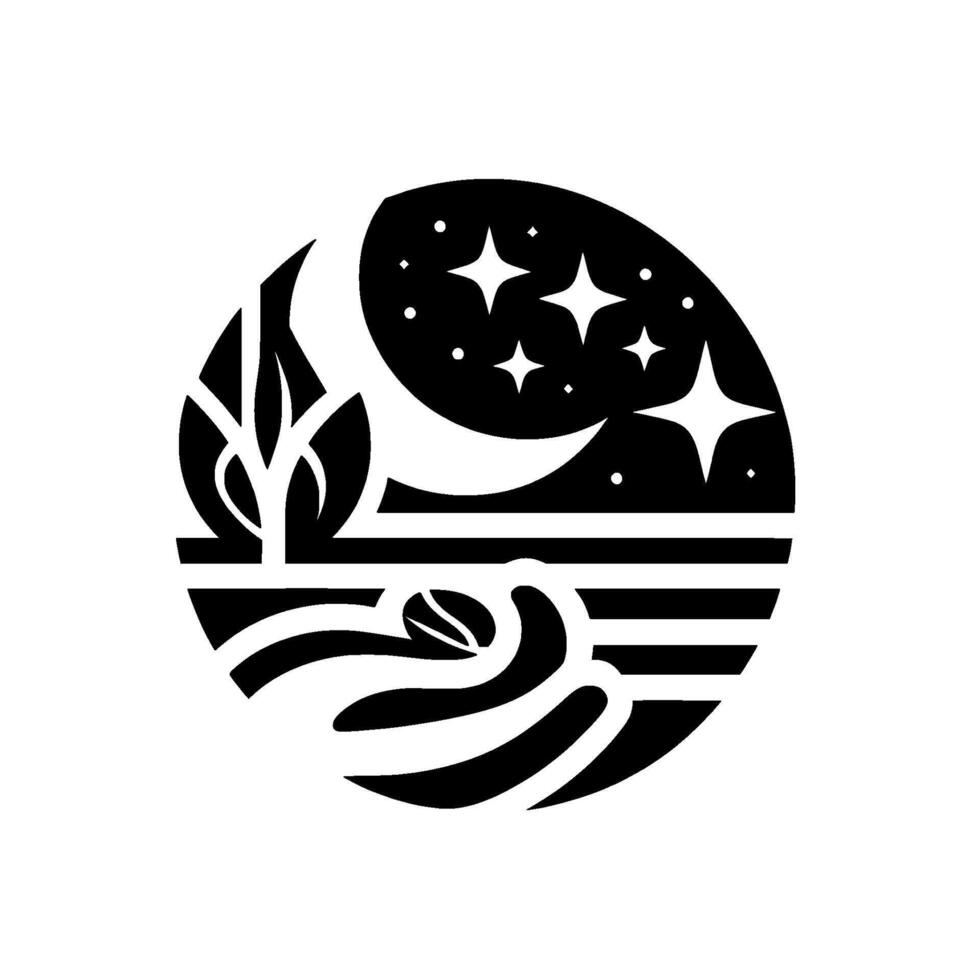Stylized Black and White Circular Depicting Coffee Bean, Night Sky with Moon and Stars, and Plant Silhouette. vector