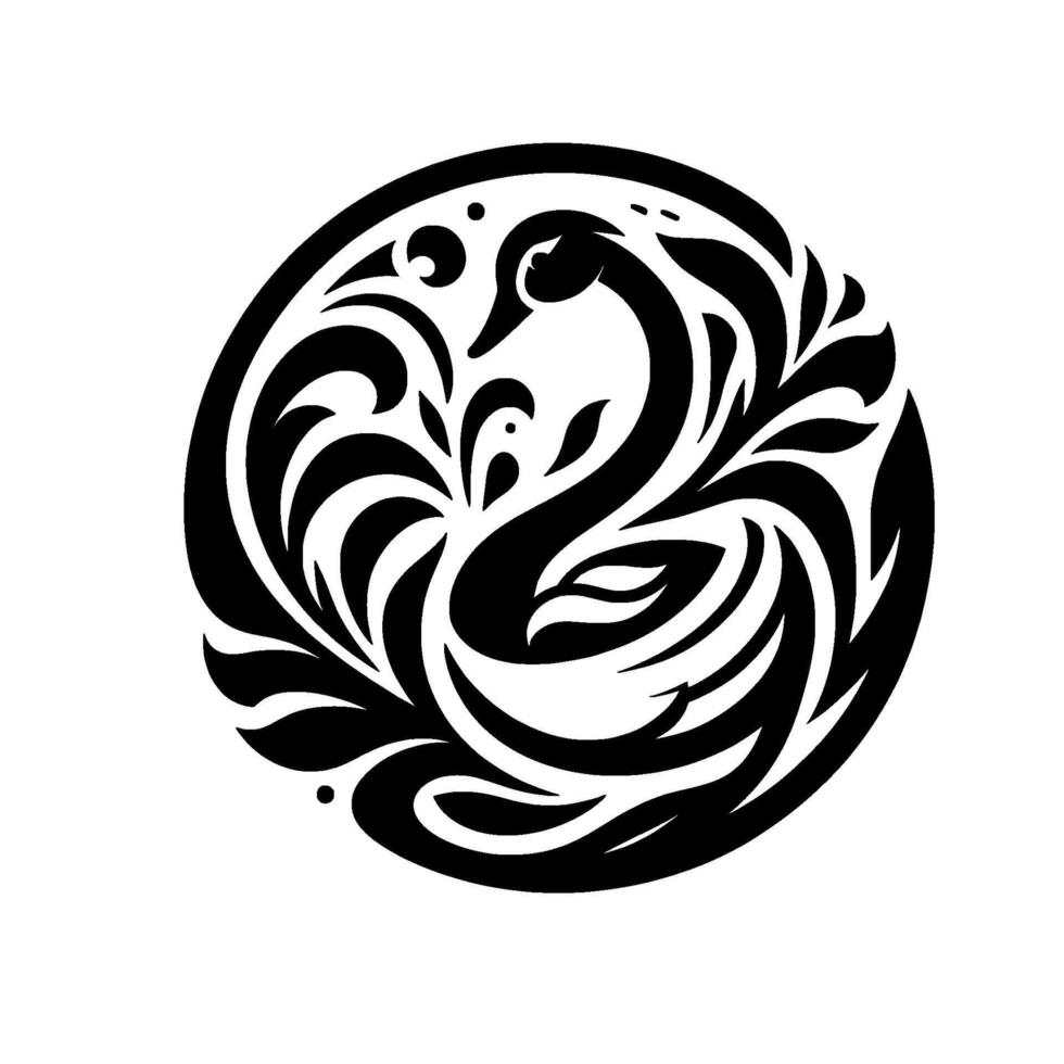 Elegant Monochrome Swan and Cygnets Encapsulated in a Circular, Flowing Floral Pattern, Evoking Grace and Serenity. vector