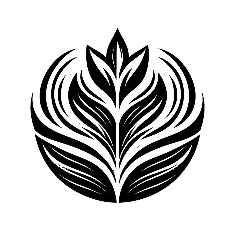 Stylized Black and White Floral Emblem A symmetrical composition of layered, curved elements resembling a plant in a circular design, radiating from a central point, on a white background. vector