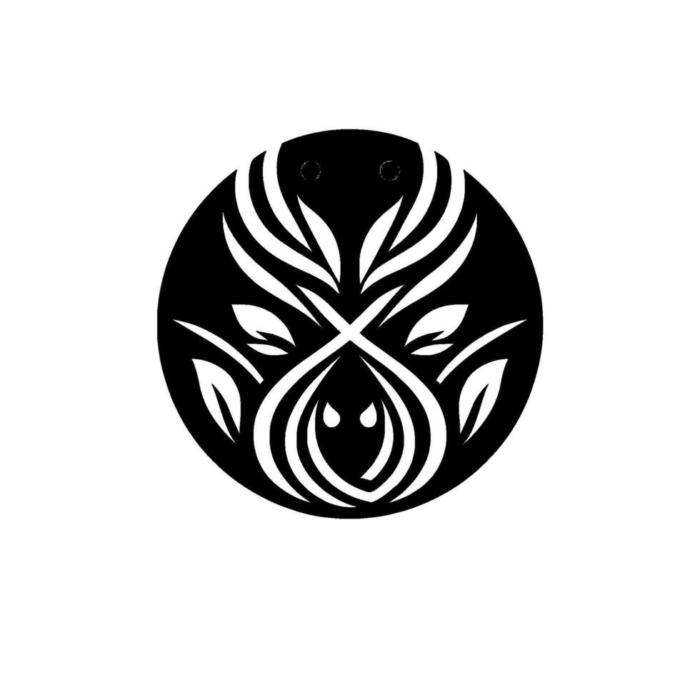 A minimalist, symmetrical emblem featuring a stylized floral or plant motif within a black circular background, with leaflike elements and two dot eyes. vector