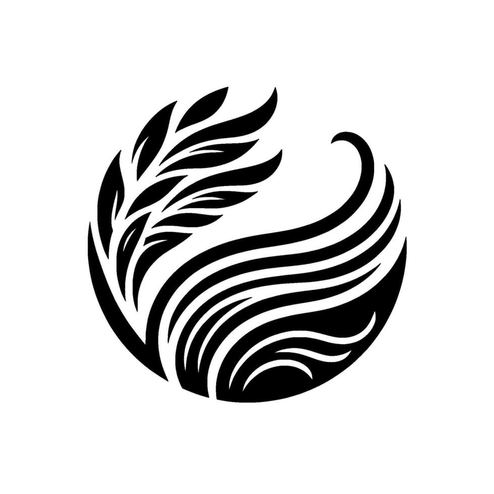 A symmetrical black and white featuring stylized leaves and flowing lines encapsulated within a circle, conveying elegance and natural beauty. vector
