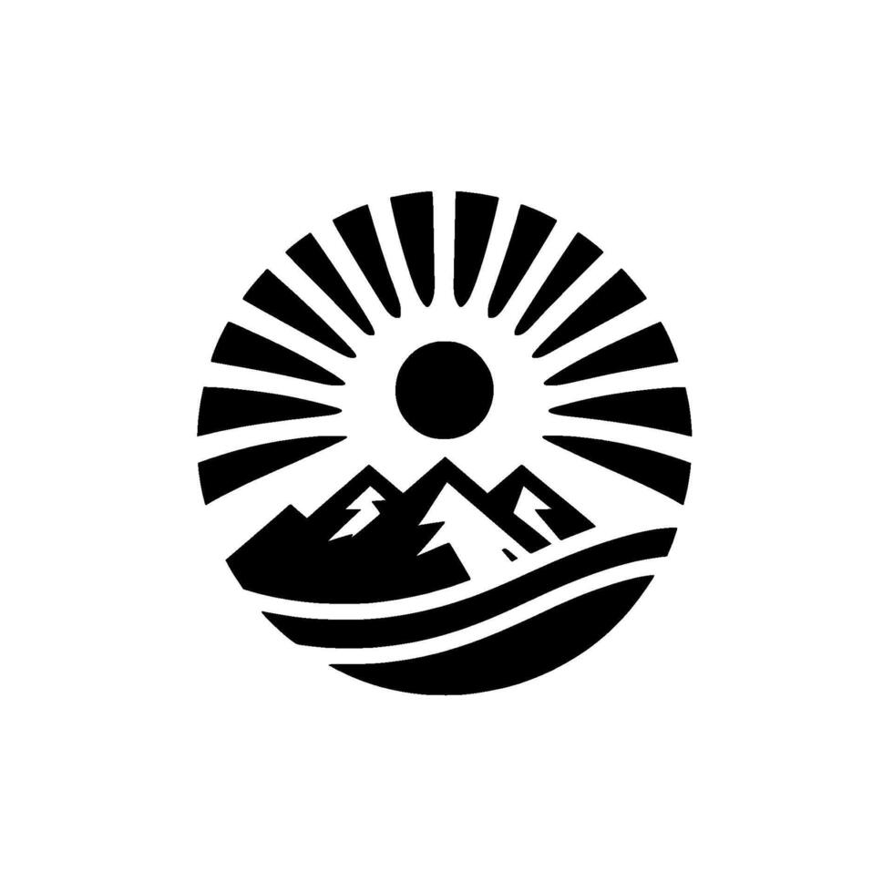 A minimalist black and white illustration of mountains beneath a sunburst, enclosed within a circular frame, evoking a sense of adventure and natural beauty. vector