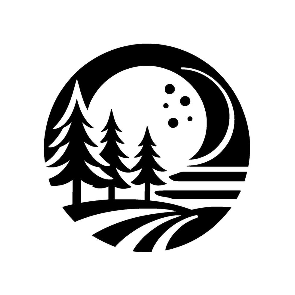 Serene Nightscape Silhouette Trees, Moon, and Fields within a Circular Frame, Creating a Peaceful and Contemplative Scene. vector