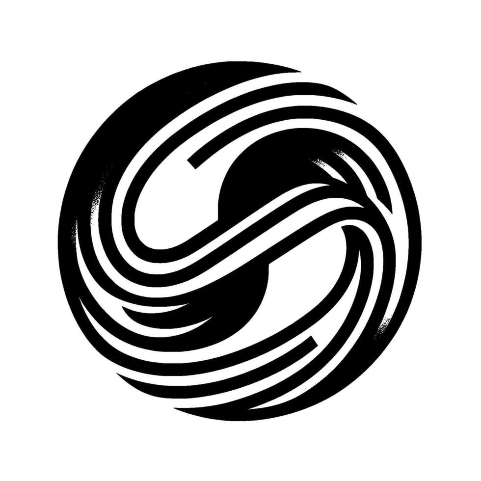 A featuring a black and white circular composition. Bold, curved lines intertwine, forming an abstract S shape, while a black circle provides contrast. vector