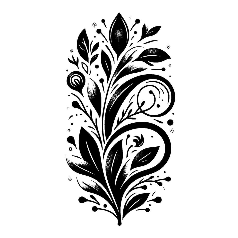 Intricate Monochrome Floral Featuring Swirls, Leaves, and Delicate Dot Accents, Isolated on White. vector