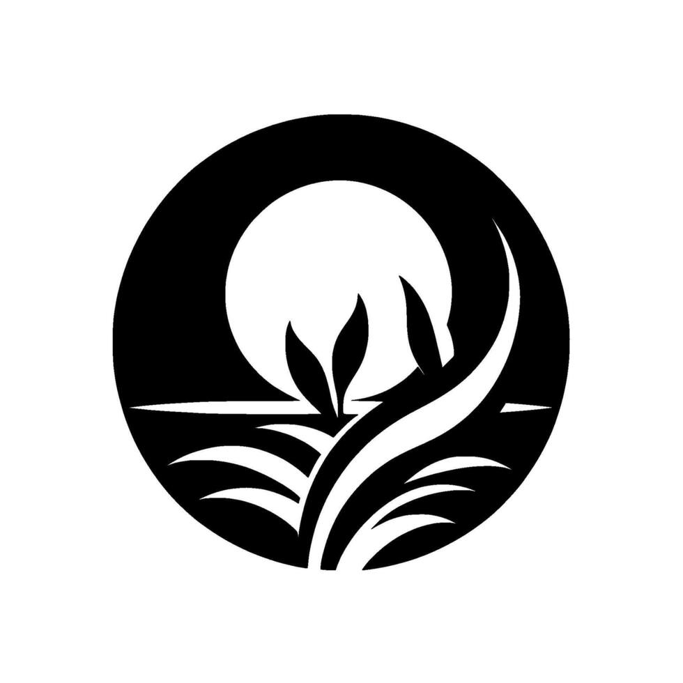 Serene monochrome circle emblem featuring silhouette of plants, full moon, and landscape elements, exuding peace. vector