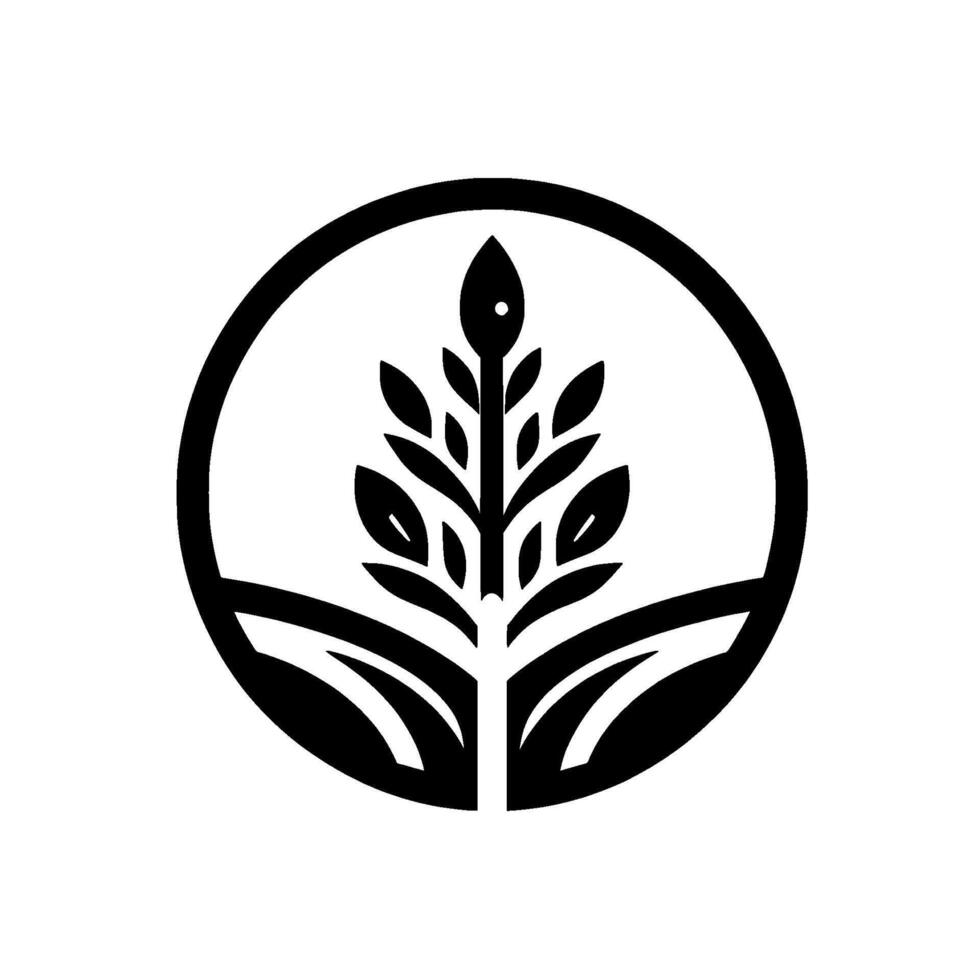 A stylized, symmetrical emblem of a plant composed of leaves and a seed head encapsulated in a black circular frame on a white background. vector