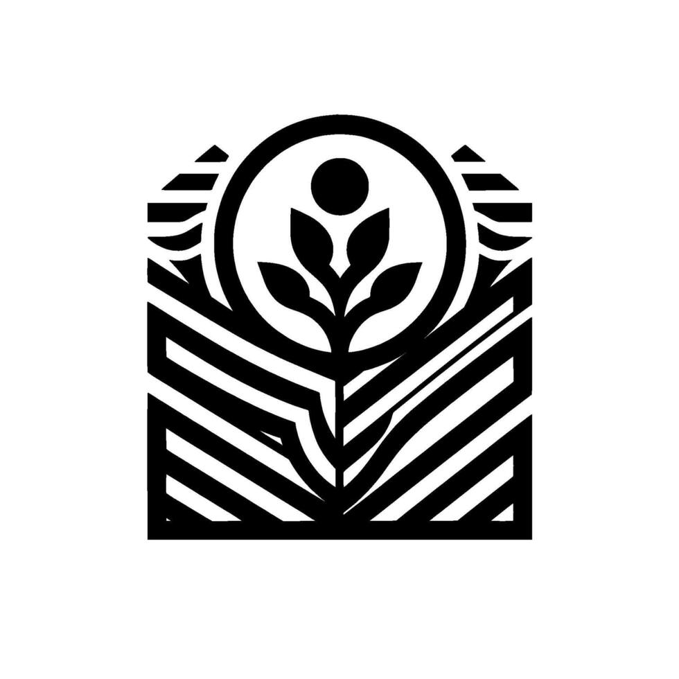 Abstract botanical featuring a stylized plant within a circle and an architectural framework, in a minimalist black and white style. vector