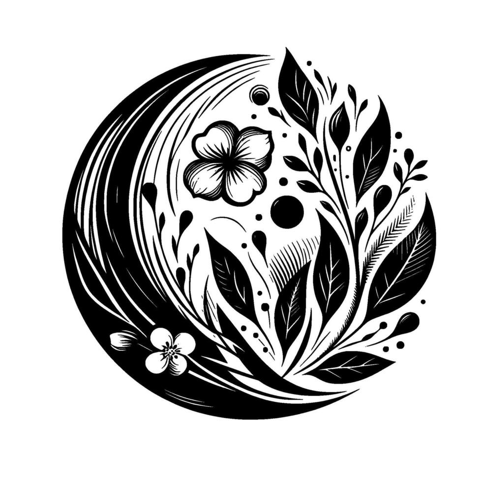 Intricate black and white floral illustration of a circle composed of stylized flowers, leaves, and delicate curved lines, evoking natures elegance. vector