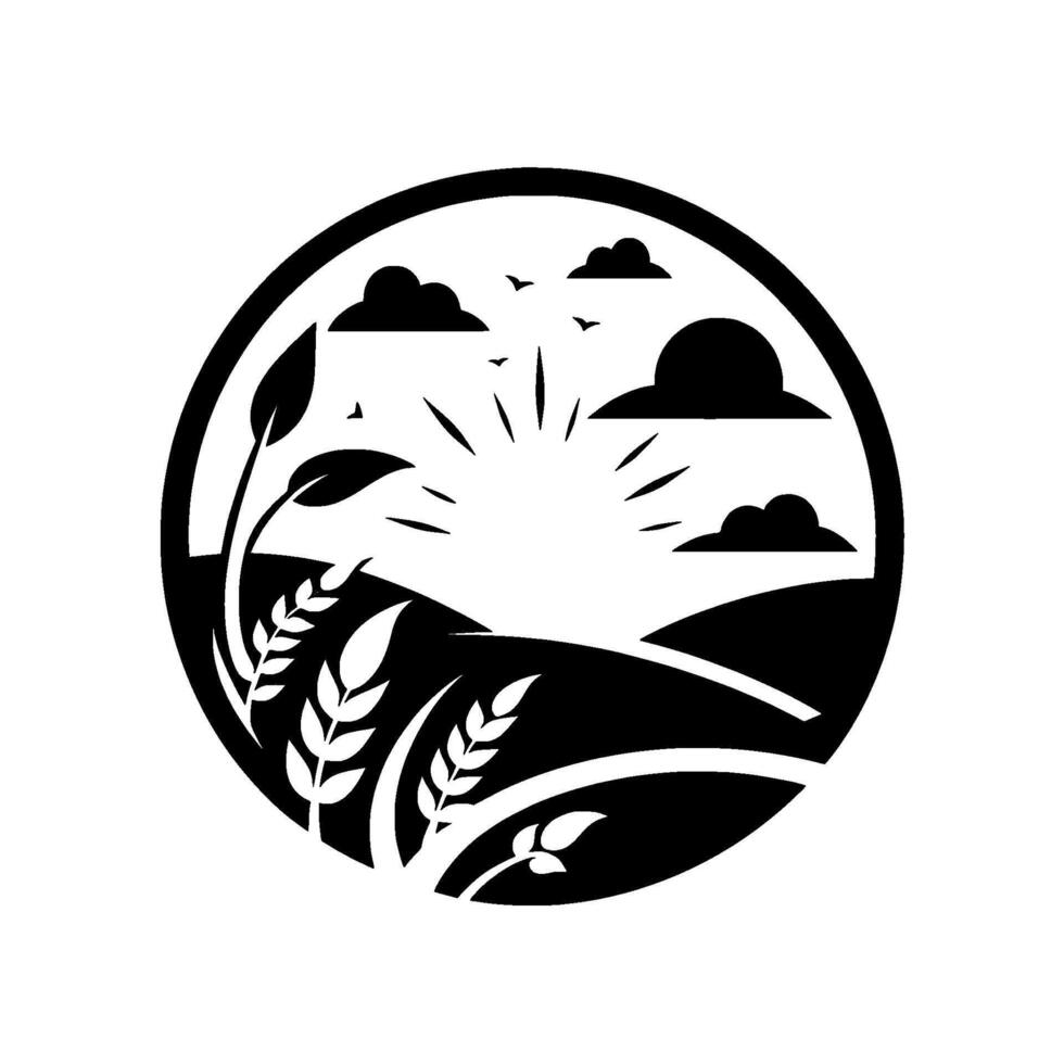 A minimalist black and white round emblem featuring wheat stalks, rolling hills, clouds, and a stylized sunburst, symbolizing agriculture and natures bounty. vector