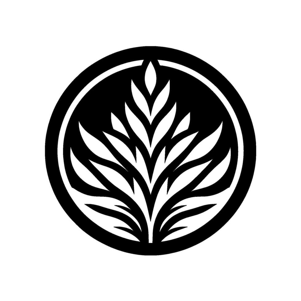 Stylized, symmetrical, monochrome botanical emblem features a stylized, central leafy arrangement in white within a black circular border, against a white background. vector