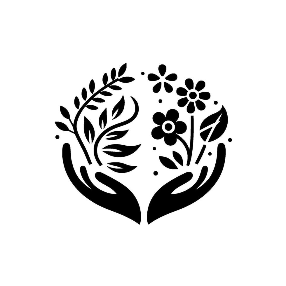 Symbiotic Embrace A Black and White Illustration of Hands Cuping Blossoms, Emphasizing Natures Nurturing Essence. vector