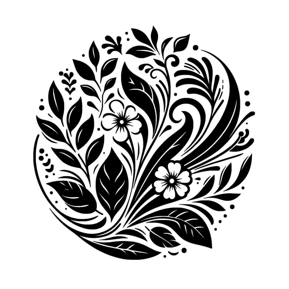 Ornate Floral Mandala A Circular Composition of Black and White Leaves, Flowers, and Curvilinear Elements. vector