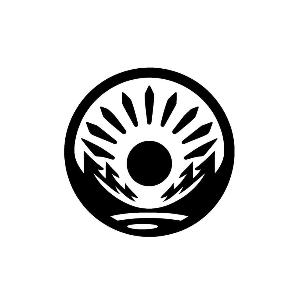 A stylized, circular featuring a sunburst emanating from a central circle, flanked by stylized mountain and arrow shapes, all in bold black on a white background. vector