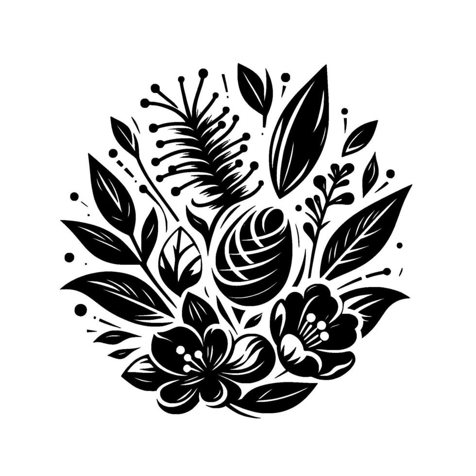 Black and White Floral Illustration A stylized arrangement of flowers, leaves, and other botanical elements, meticulously composed in a circular design. vector