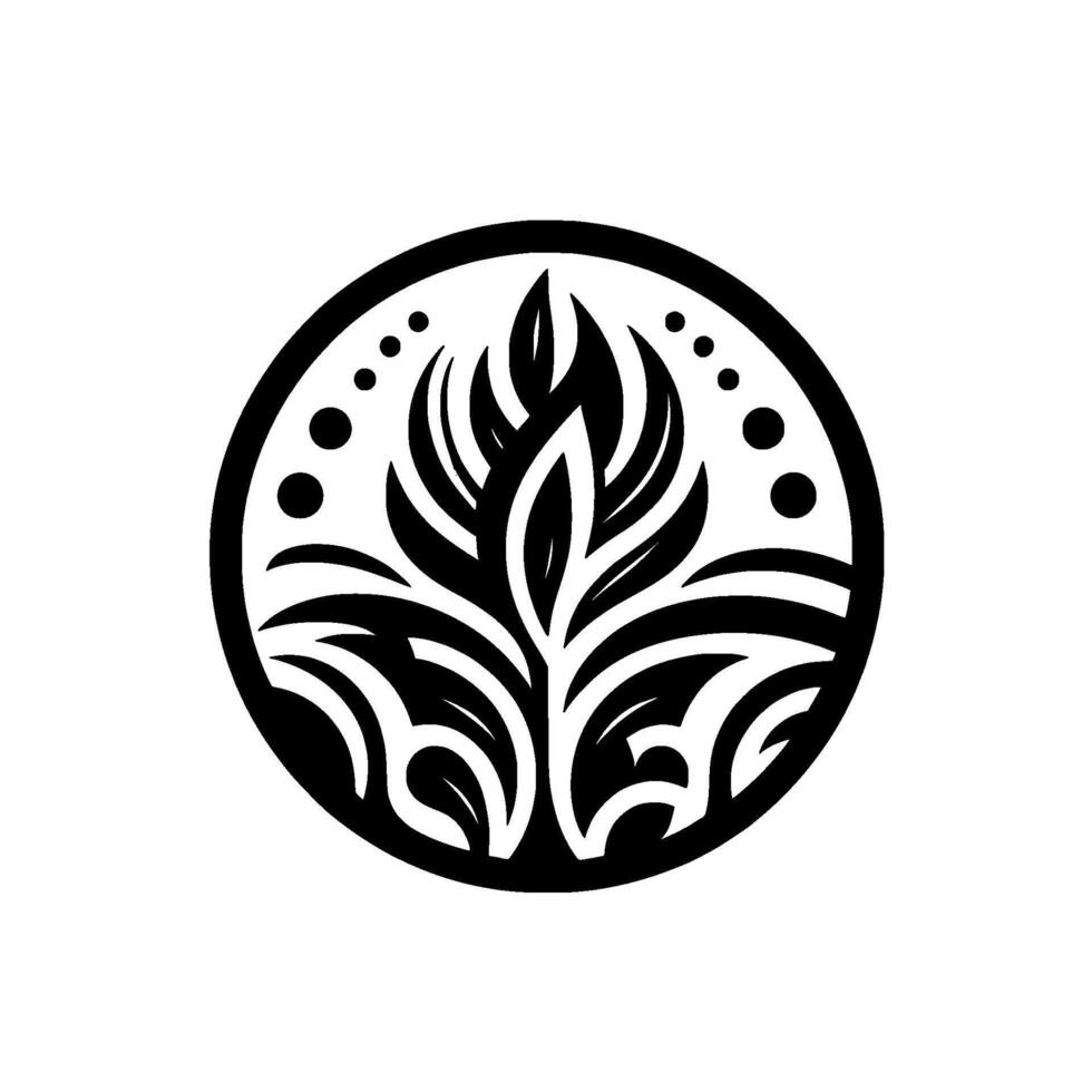 Black and white stylized botanical within a circular frame, featuring a central floral element with intricate leaf designs and dot accents, centered on a white background. vector