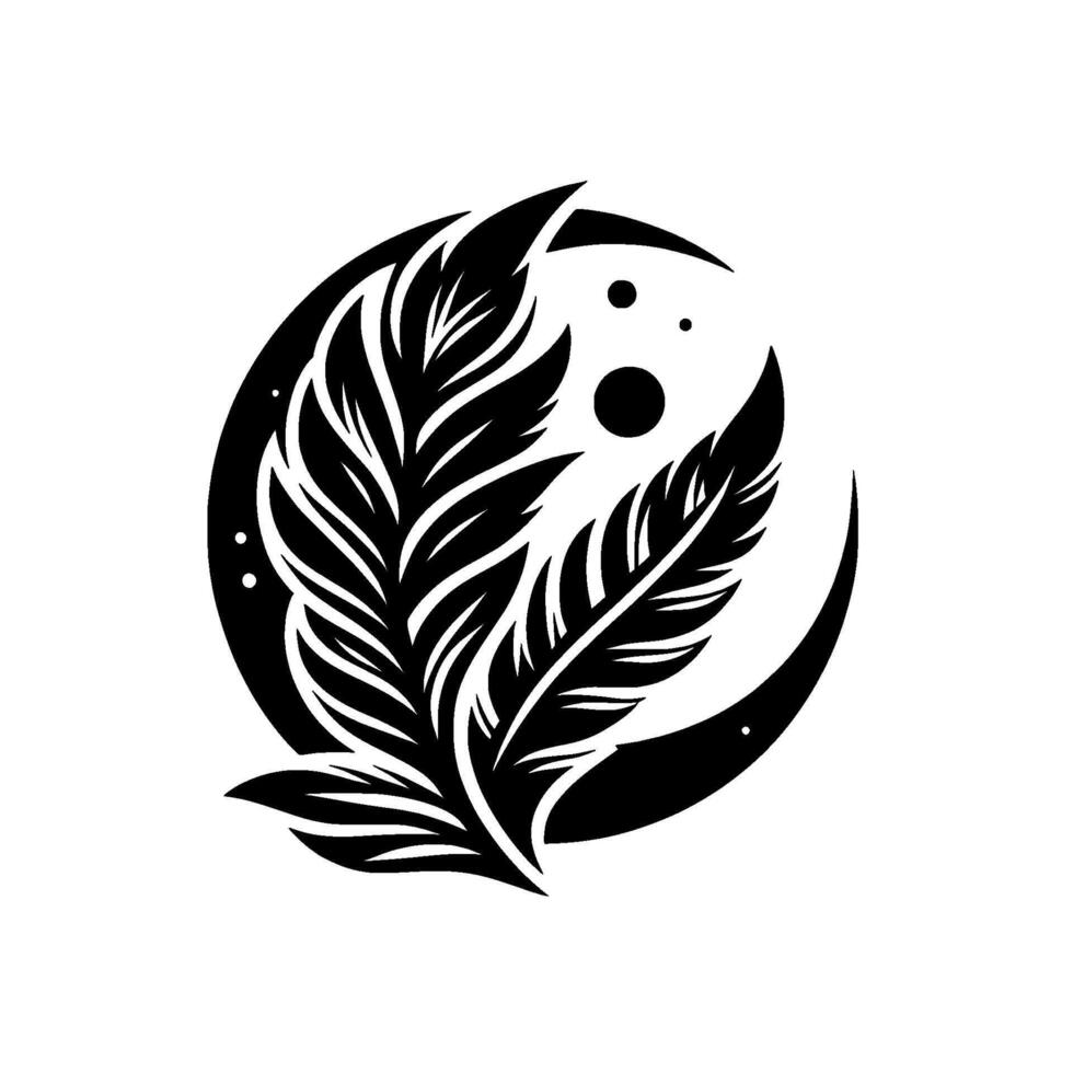 Stylized Black Feather Silhouette Within a Crescent Moon on White, Evoking Serenity and Elegance. vector