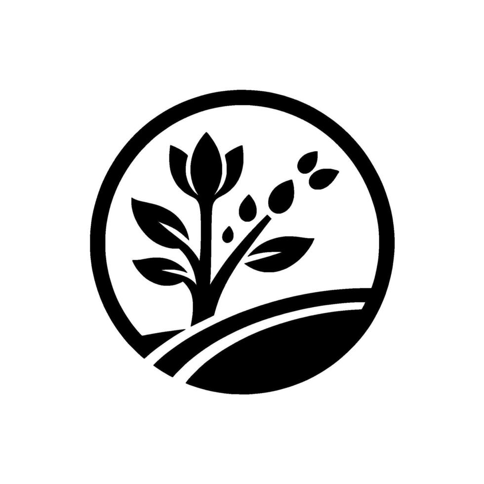 Black and white minimalist logo, featuring a stylized plant within a circular frame, suggesting growth and nature. vector