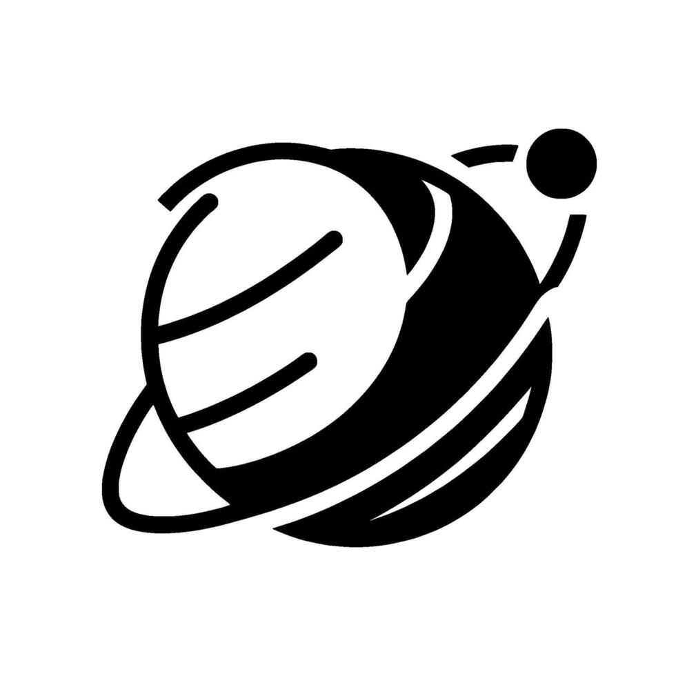 Bold, minimalist black and white illustration of a stylized planet with a ring system and a small orbiting celestial body, set against a clean white background. vector