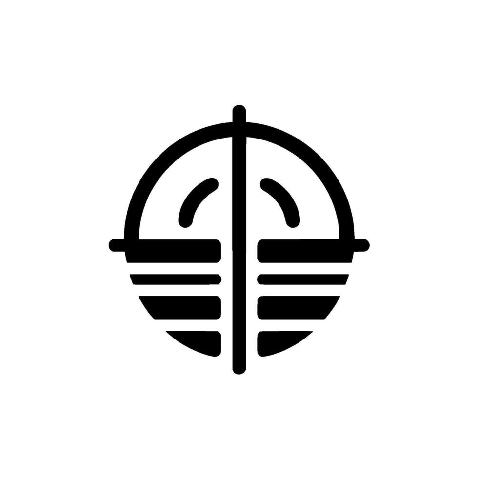 Geometric, minimalist black and white symbol, centered on a stark white background, composed of a circle, horizontal bars, and vertical line with curved elements. vector
