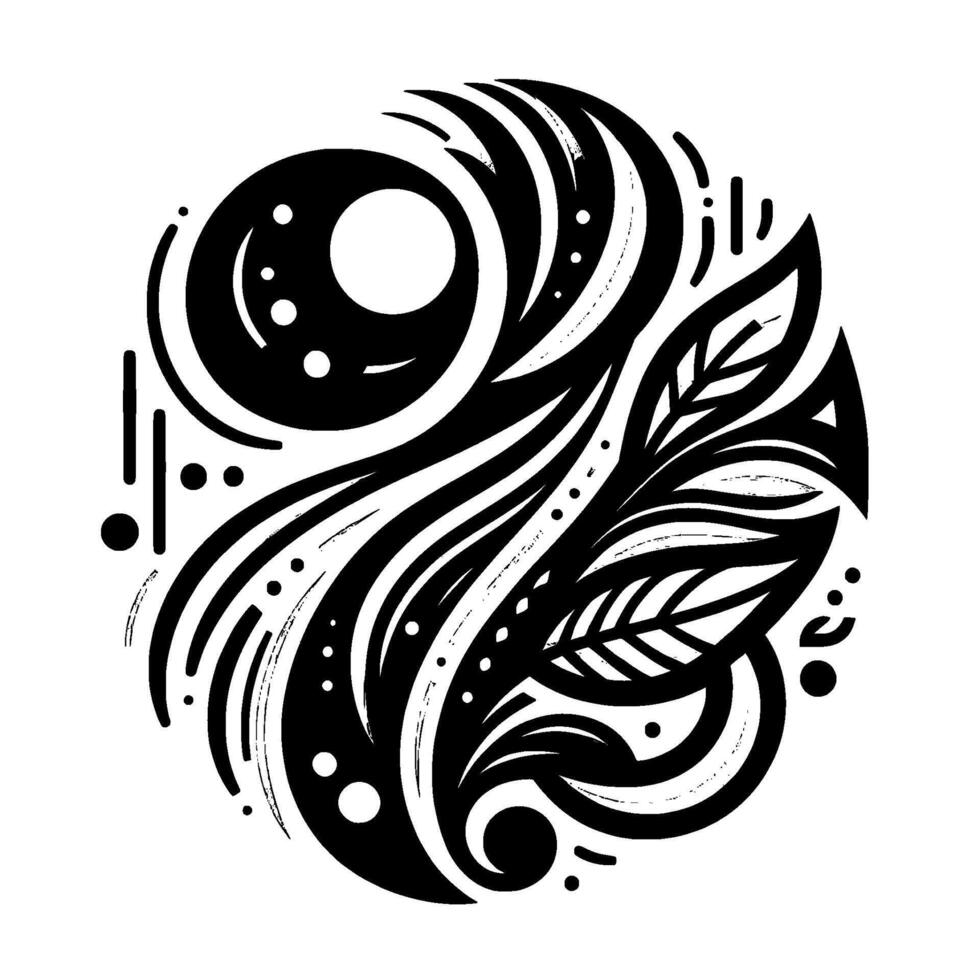 Abstract Circular Black and White Featuring Floral and Geometric Elements with Spirals and Dots, Decorative Composition. vector