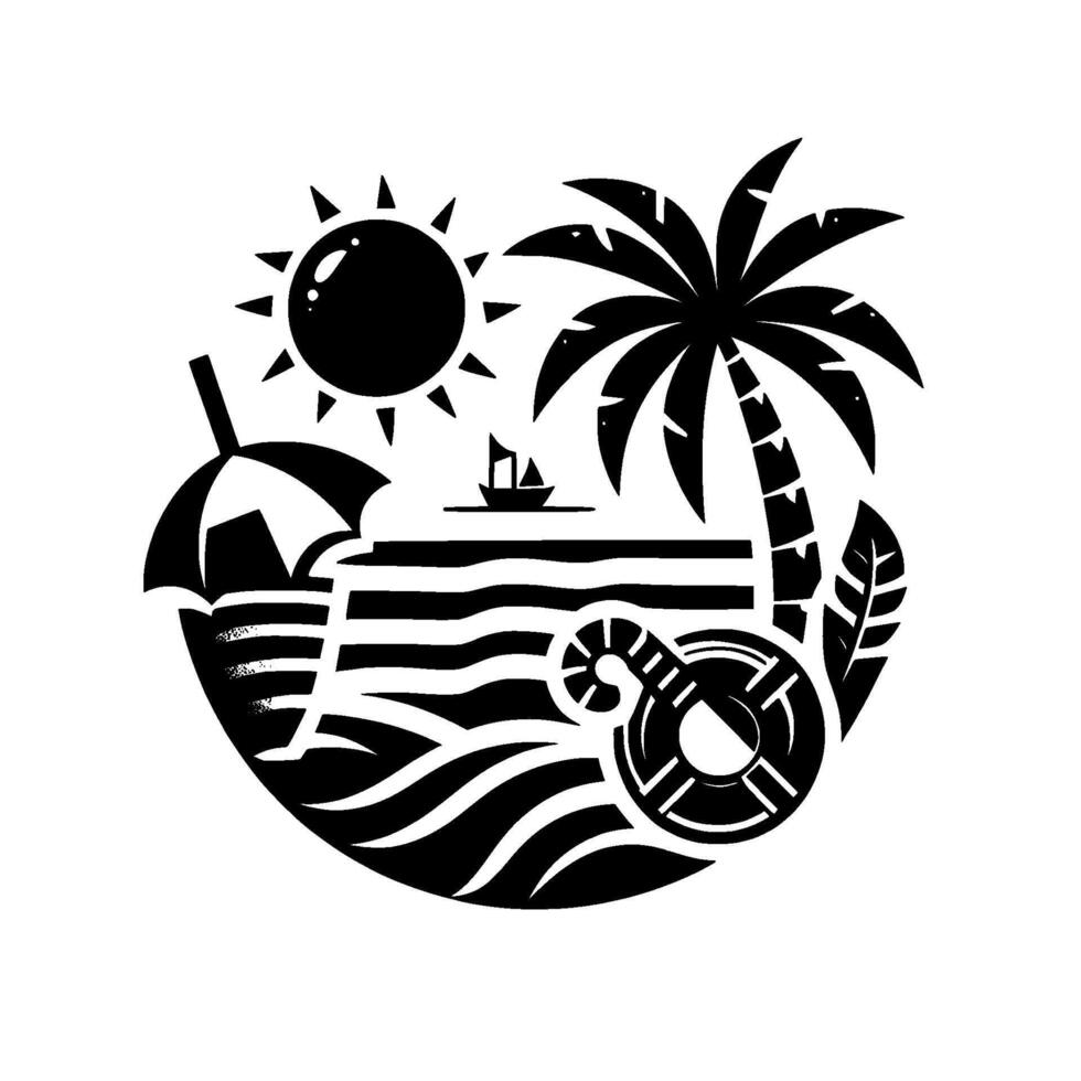 Black and White Coastal Paradise A Stylized Illustration of a Beach Scene Featuring Sun, Palm Tree, Boat, and Umbrella within a Circular Composition. vector
