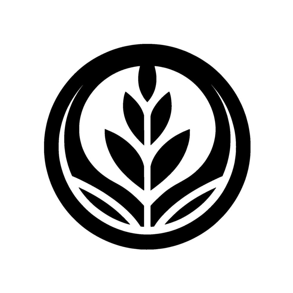 A minimalist featuring a stylized leaf or wheatlike emblem encapsulated within a bold, circular frame. vector