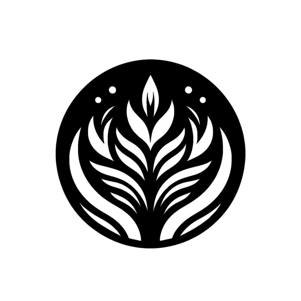 Abstract black circle featuring stylized white leaves, suggesting a flourishing plant with subtle dot accents, creating a minimalist and modern aesthetic. vector