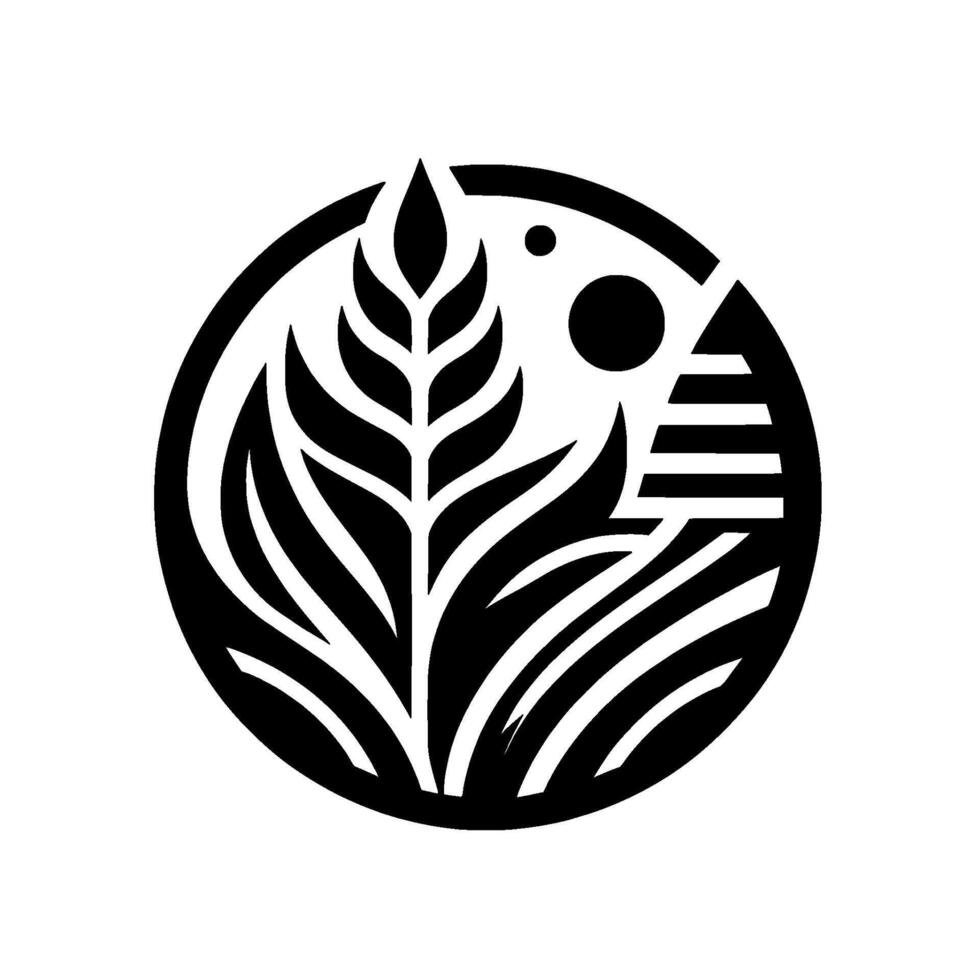 Geometric botanical illustration within a black circular frame featuring stylized leaves, sun, and other abstract elements. vector