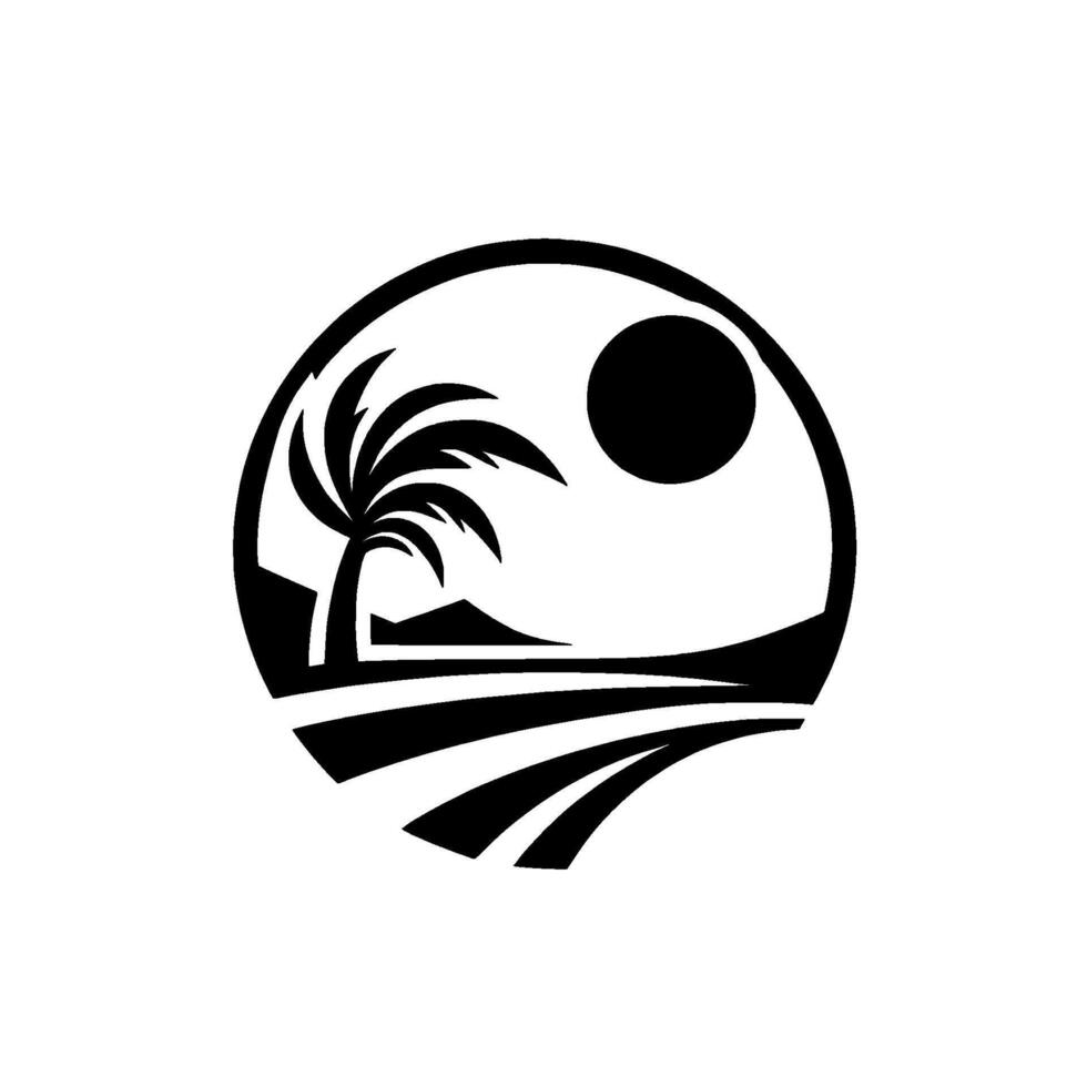 Minimalist black and white tropical scene within a circle palm tree, sun, and stylized landscape, evoking vacation vibes. vector