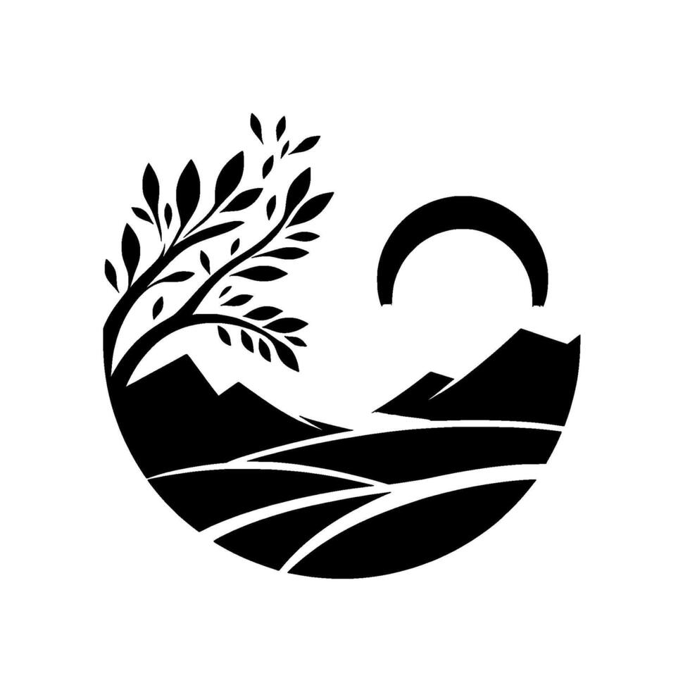 A monochrome nature scene in a circle frame, featuring a stylized tree, mountains, fields, and a crescent moon, creating a serene and minimalist design. vector