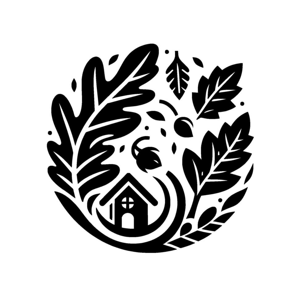 Circular black and white illustration of a cozy house nestled amongst stylized oak leaves, acorns, and foliage, evoking nature and home. vector