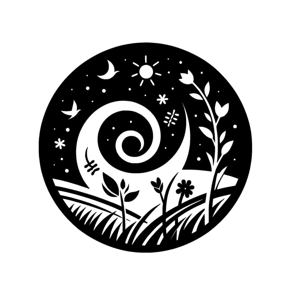 A stylized black and white circular illustration depicting a serene nighttime scene with a swirling moon, sun, stars, birds, flowers, and grass, evoking a sense of peace. vector