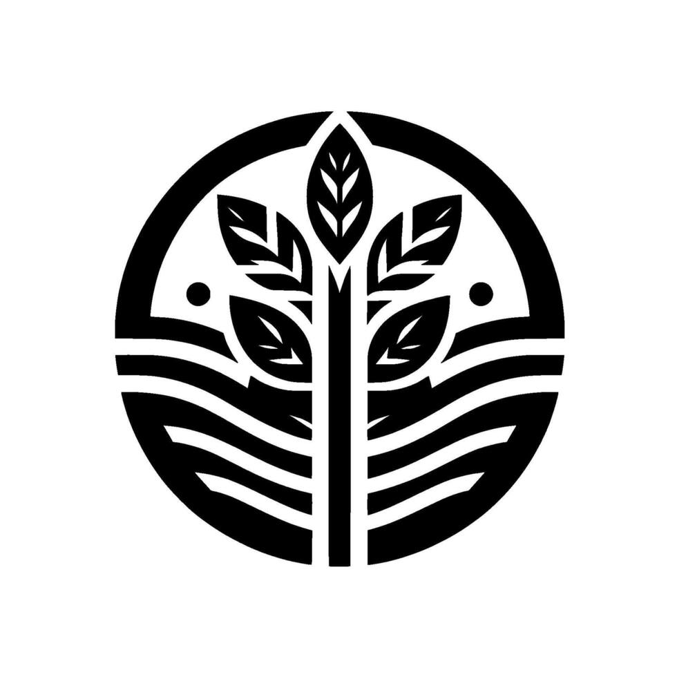A minimalist, circular emblem depicting a stylized tree with leaves, set within a black outline, over layered lines that might represent water, all in a stark black and white design. vector