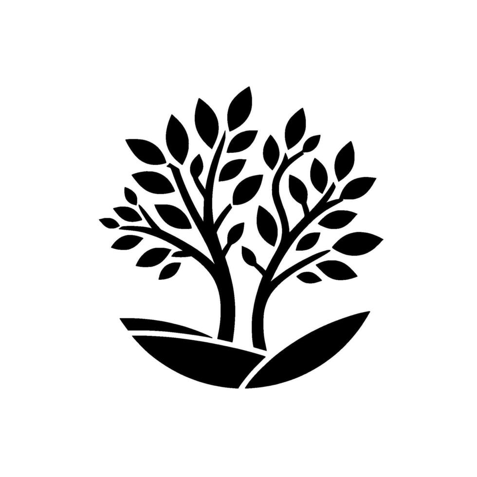 Silhouette of a lush tree with rounded leaves, two trunks, nestled on a stylized landscape, rendered in black on white, evoking nature and tranquility. vector