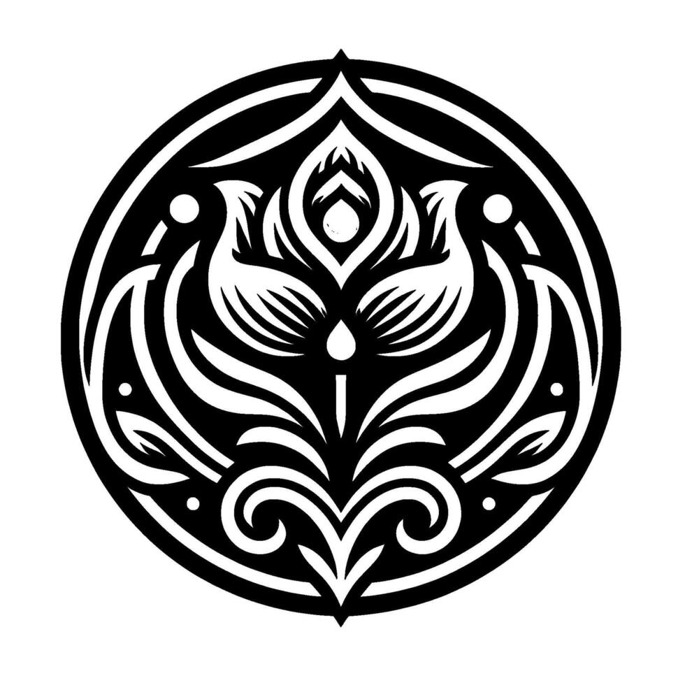 Intricate Black and White Floral Mandala within a Circular Frame, Featuring Symmetrical Elements and Delicate Detail. vector